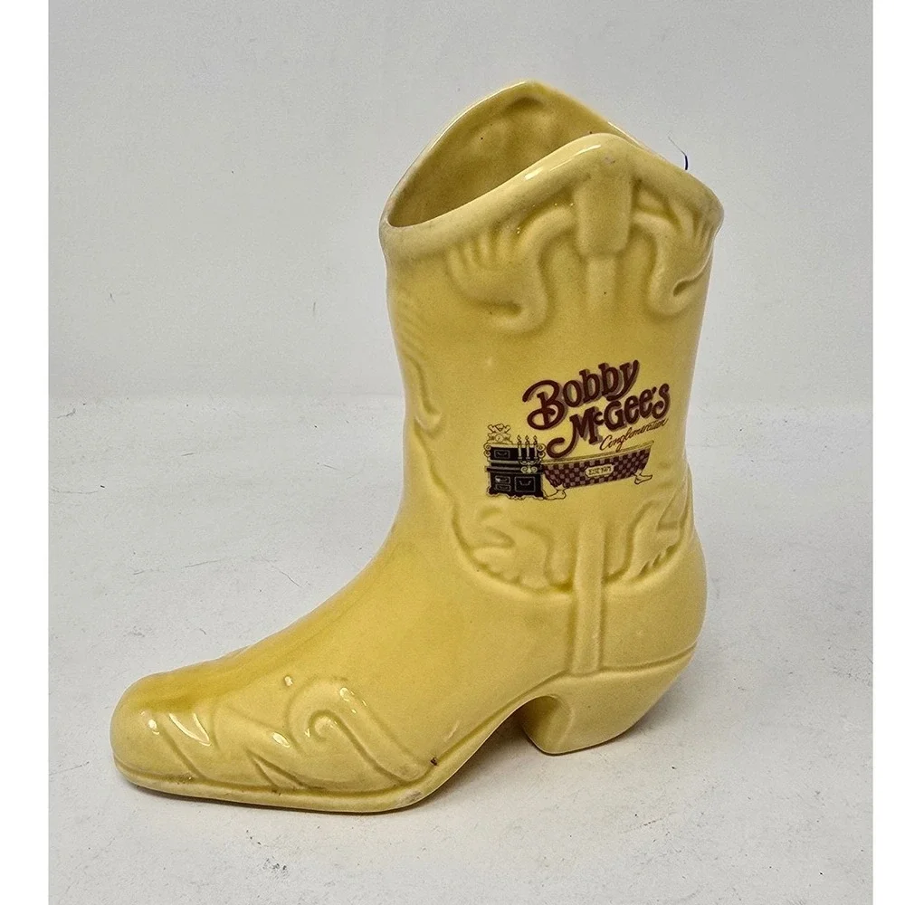 Vintage Bobby McGee's ceramic yellow mug vase cowboy western boot whimsical